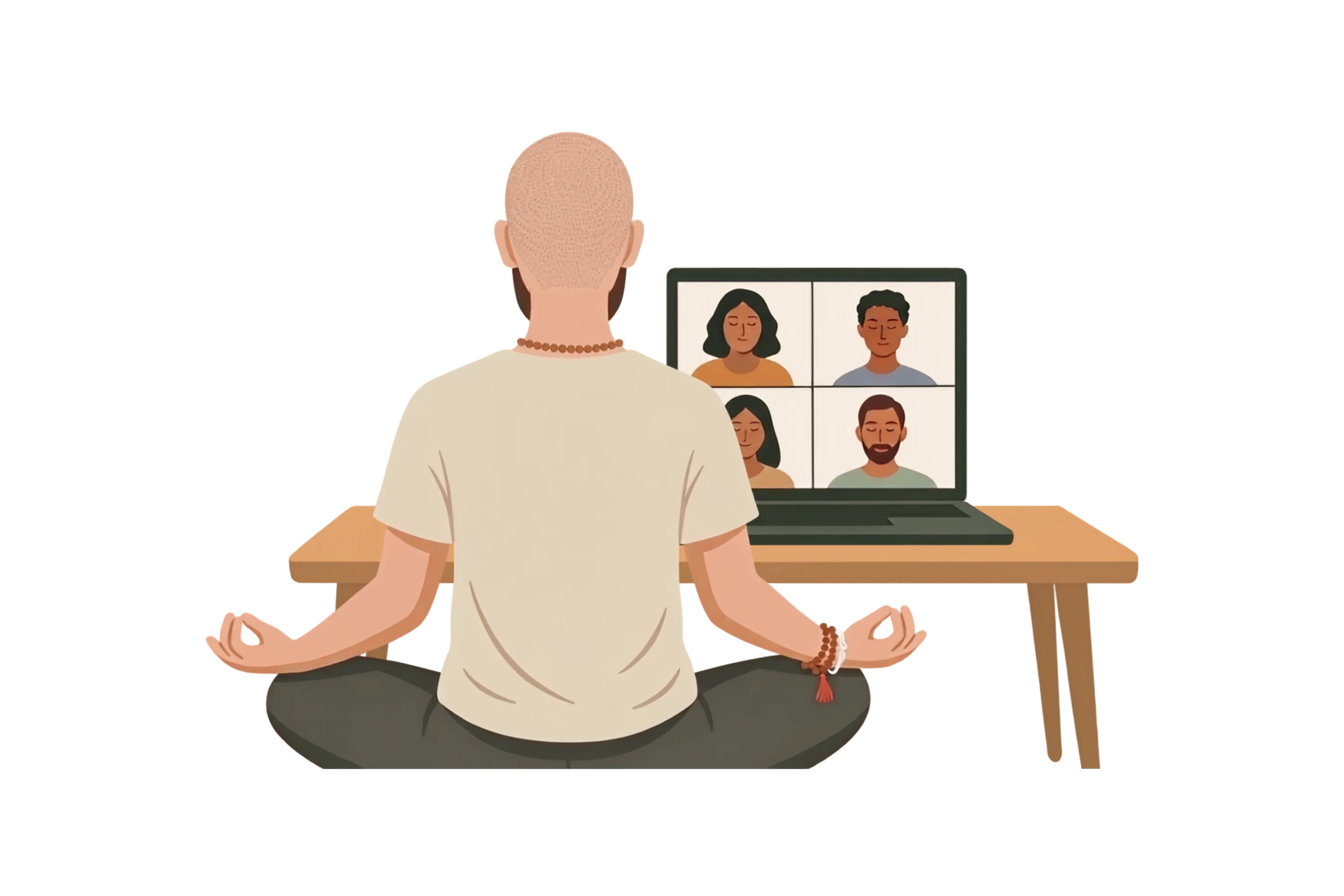 Illustration: Menschen meditieren gemeinsam in einer Online-Session