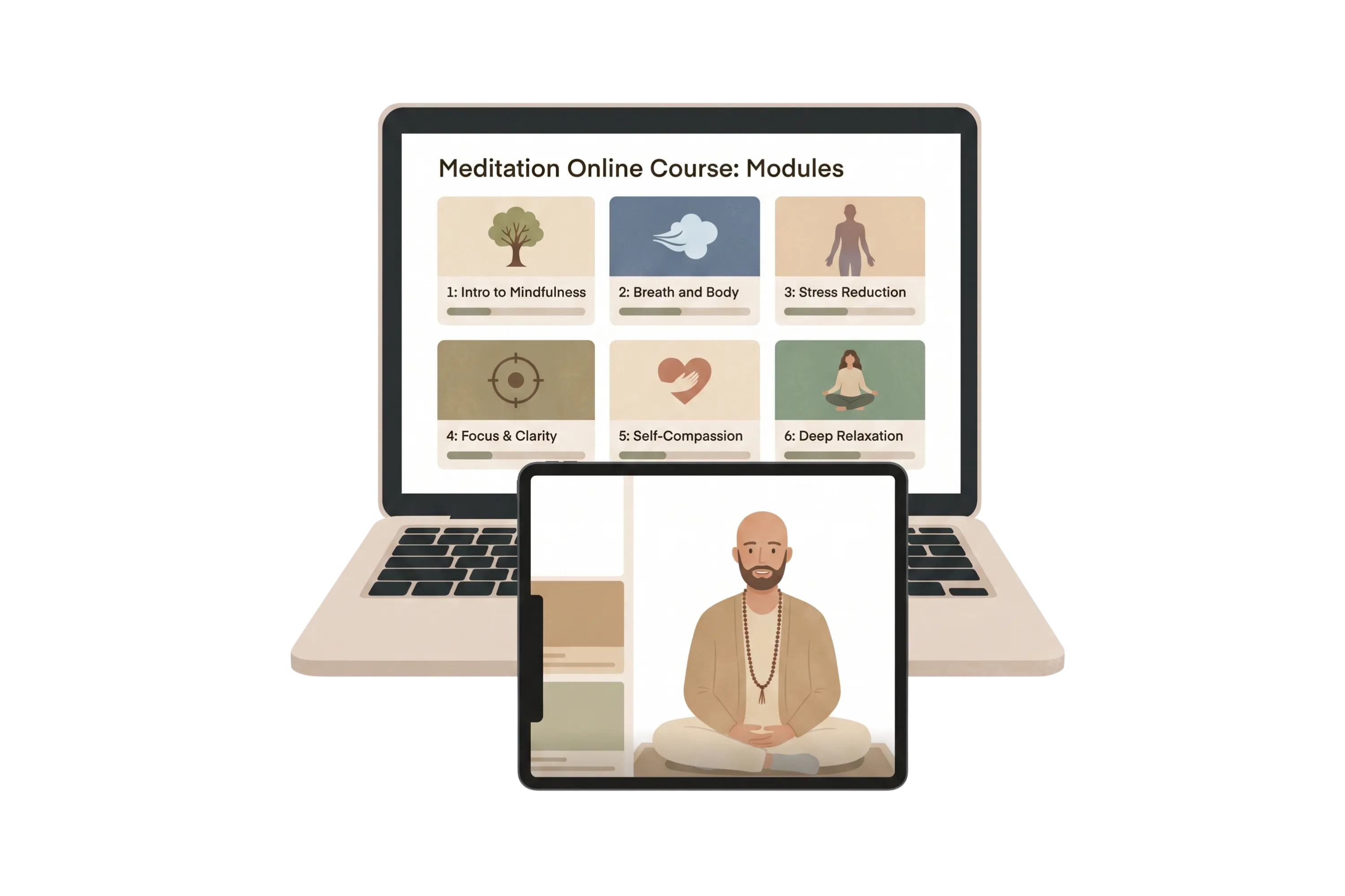 Illustration: der Online-Kurs auf Laptop und Tablet, mit den sechs Modulen und Stefan in einer Lektion