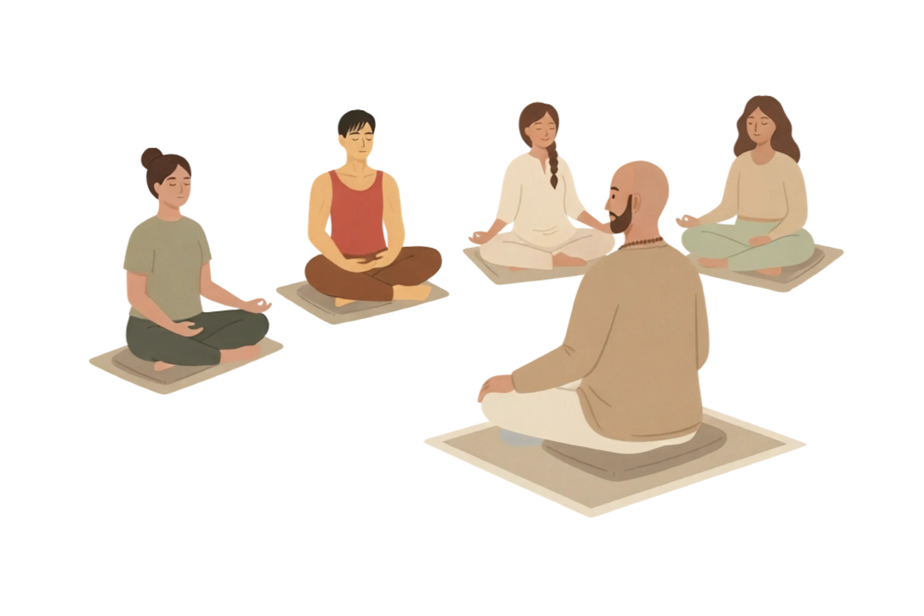 Illustration: eine Gruppe meditiert gemeinsam mit Stefan im Workshop