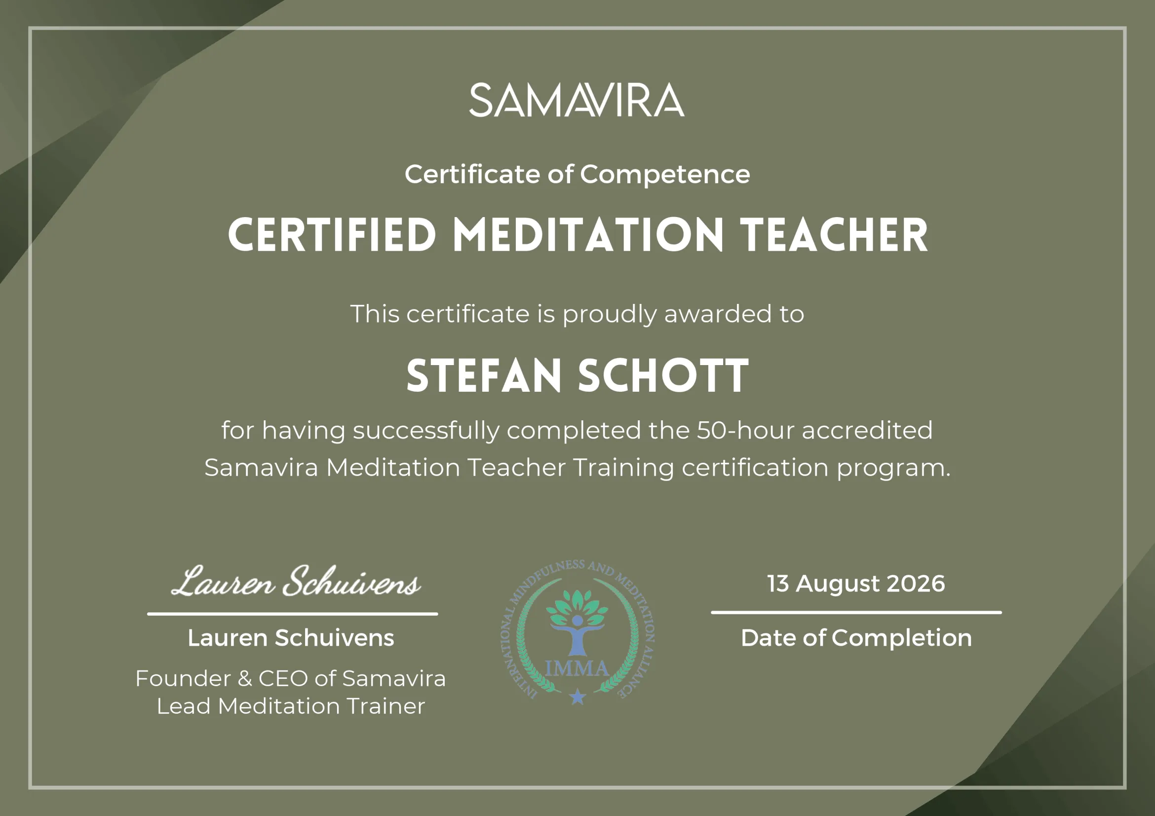 Samavira Certified Meditation Teacher Zertifikat von Stefan Schott